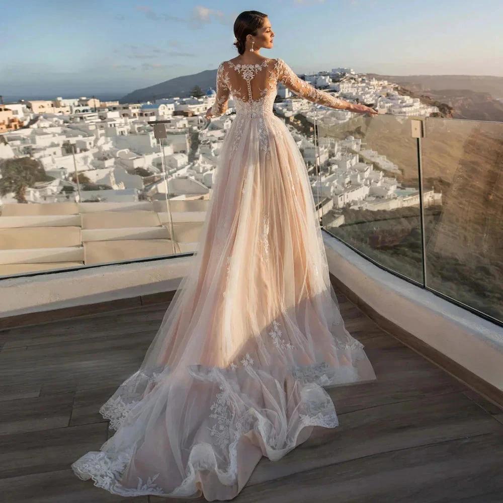 Gorgeous Long Sleeve Lace Mermaid Wedding Dresses  Luxury Appliques Button Removable Train Horn Bridal Gowns Robe De Mariée