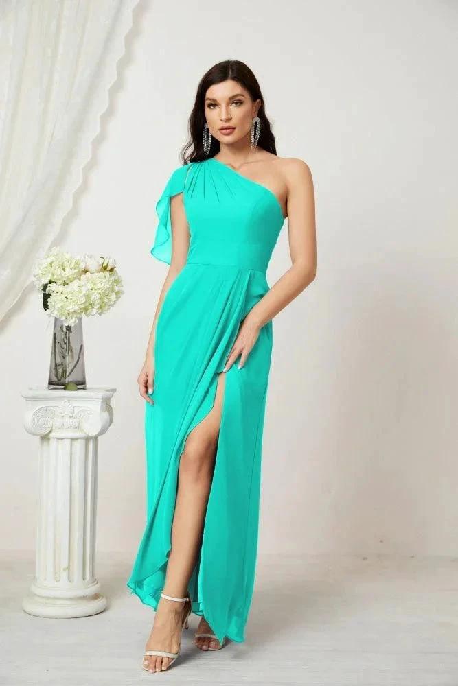 Numbersea  Chiffon Ruffled One Shoulder Long Bridesmaid Dresses A-line Formal Evening Gown Side Split 2809
