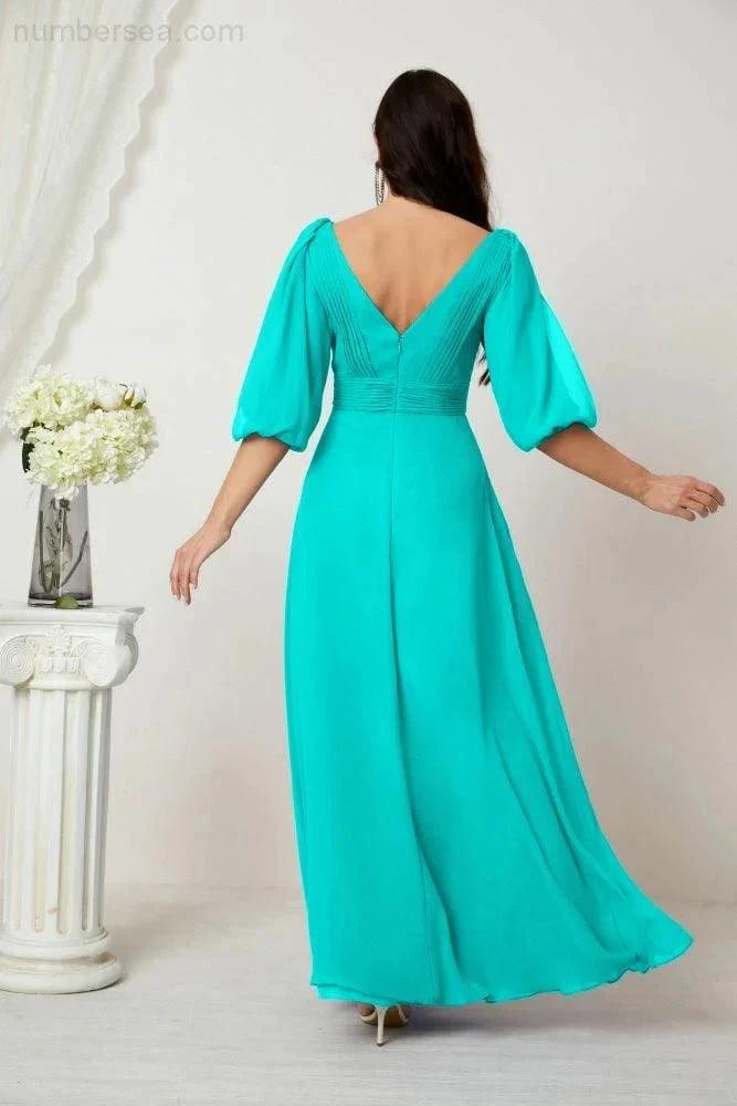 Numbersea  Formal Prom Gown Women V-Neck Chiffon Bridesmaid Dresses Long Bishop Sleeve Party Dress 2807