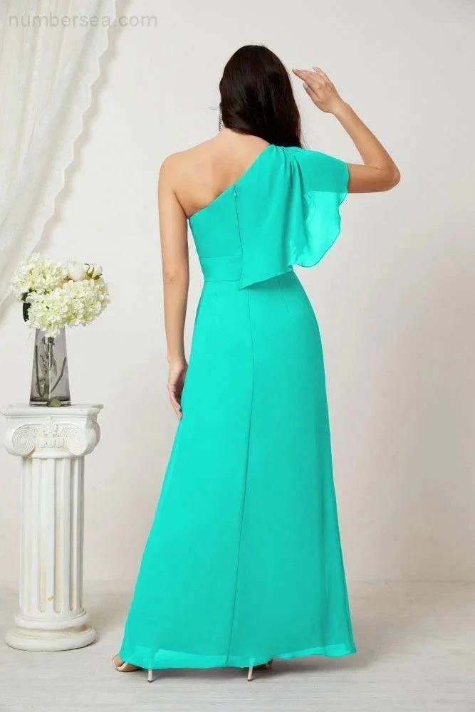Numbersea  Chiffon Ruffled One Shoulder Long Bridesmaid Dresses A-line Formal Evening Gown Side Split 2809