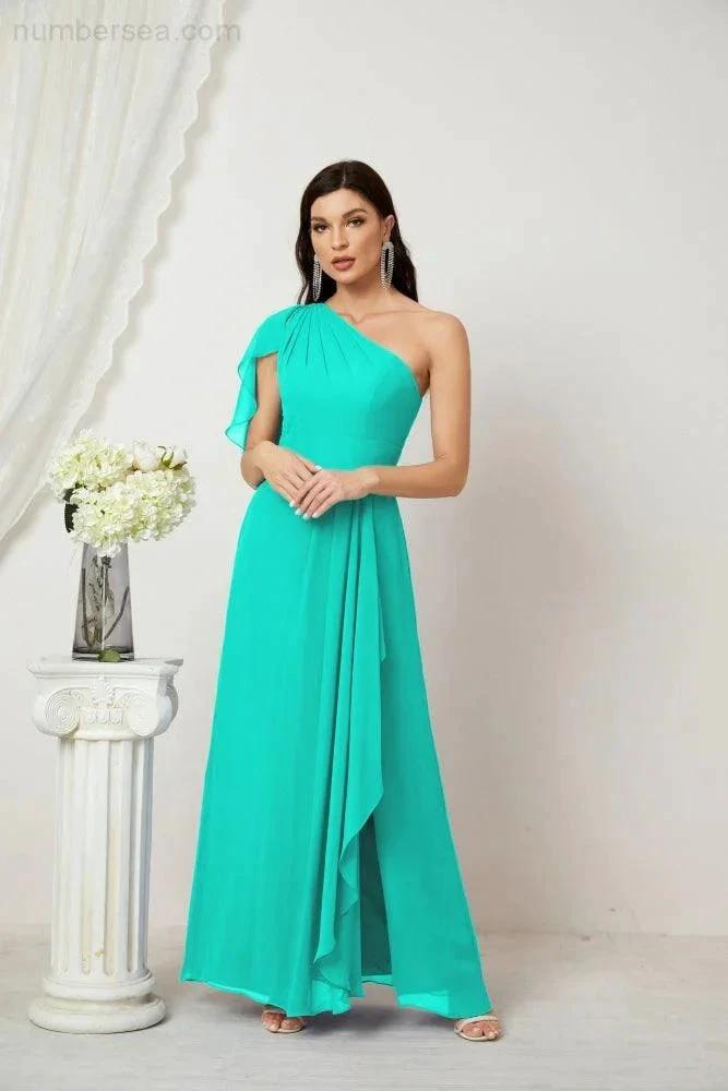 Numbersea  Chiffon Ruffled One Shoulder Long Bridesmaid Dresses A-line Formal Evening Gown Side Split 2809