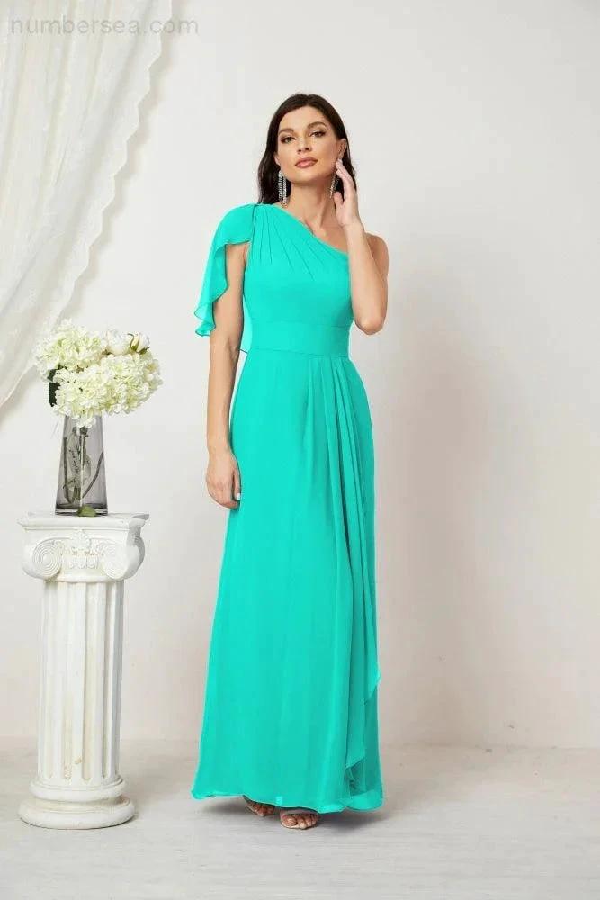 Numbersea  Chiffon Ruffled One Shoulder Long Bridesmaid Dresses A-line Formal Evening Gown Side Split 2809