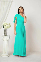 Numbersea  Chiffon Ruffled One Shoulder Long Bridesmaid Dresses A-line Formal Evening Gown Side Split 2809