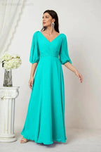 Numbersea  Formal Prom Gown Women V-Neck Chiffon Bridesmaid Dresses Long Bishop Sleeve Party Dress 2807