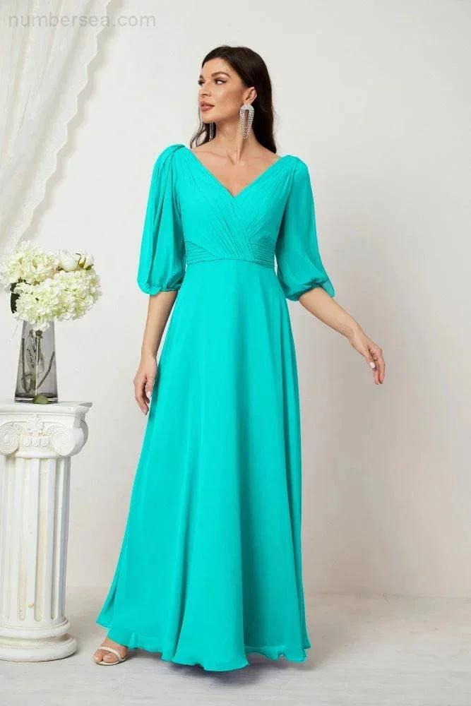 Numbersea  Formal Prom Gown Women V-Neck Chiffon Bridesmaid Dresses Long Bishop Sleeve Party Dress 2807