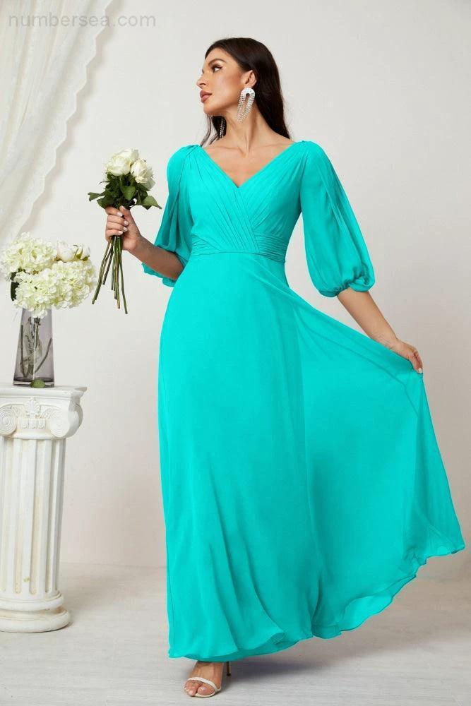 Numbersea  Formal Prom Gown Women V-Neck Chiffon Bridesmaid Dresses Long Bishop Sleeve Party Dress 2807