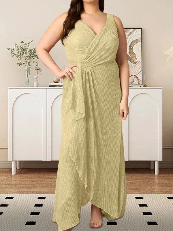 A-Line V-Neck Ruched Metallic Mesh Dress