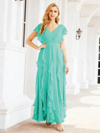 Ruffled Bridesmaid Dresses with Sleeves Long Formal Party Dress 28041