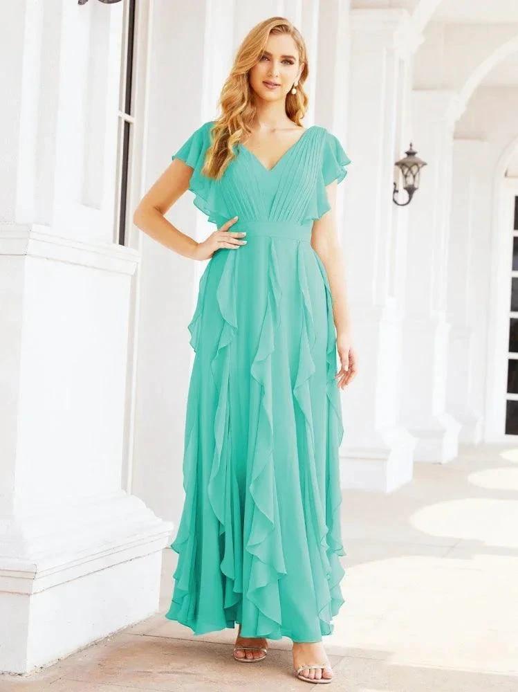 Ruffled Bridesmaid Dresses with Sleeves Long Formal Party Dress 28041