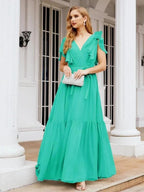 Numbersea Women's Open Back Formal Evening Party Prom Gowns V-Neck Long Chiffon Bridesmaid Dresses with Waist Belt 28038