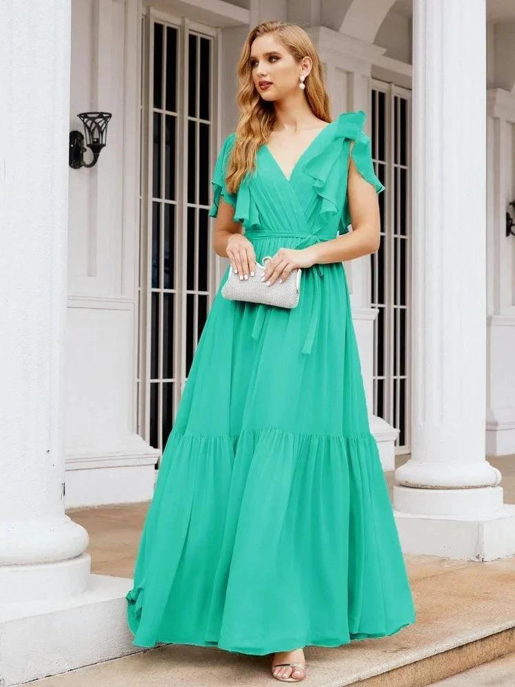 Numbersea Women's Open Back Formal Evening Party Prom Gowns V-Neck Long Chiffon Bridesmaid Dresses with Waist Belt 28038