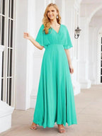 Numbersea V-Neck Bridesmaid Dress Chiffon Long Open Back Formal Dresses for Women Party Evening 28067