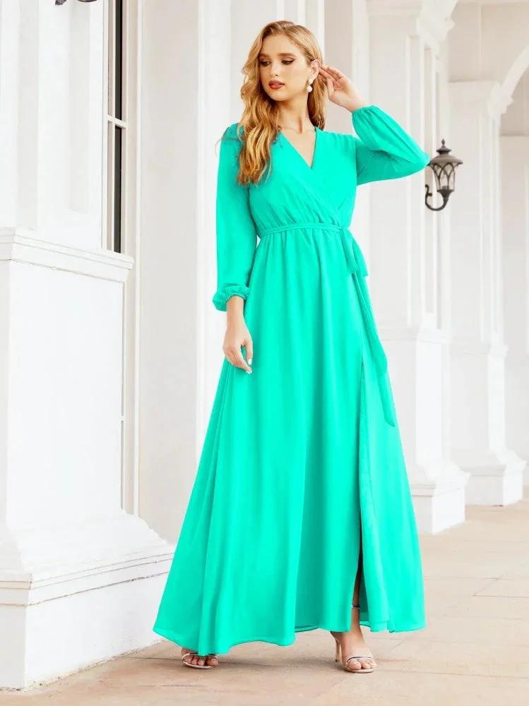 Sunnderly Women's Chiffon Bridesmaid Dress A line Long Sleeves Formal Evening Prom Gown for Wedding Guest SY28032
