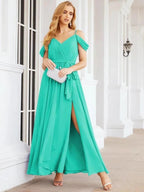 Numbersea Off The Shoulder Chiffon Bridesmaid Dress Long Formal Graduation Gown with Cowl Back 28069