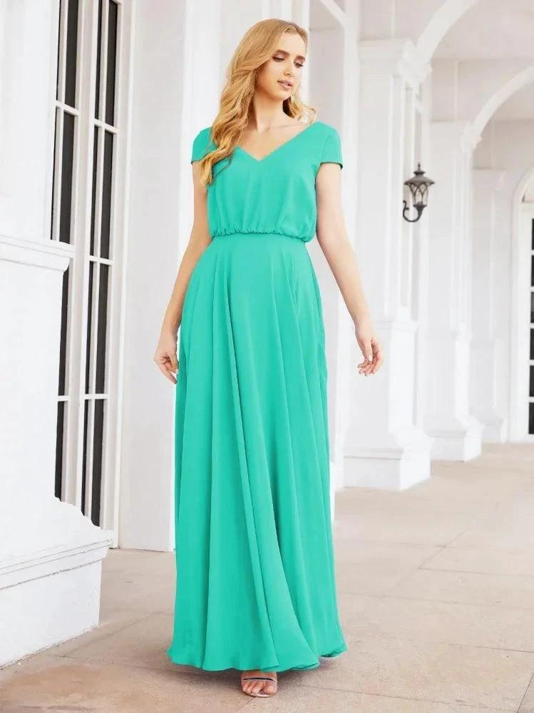 Numbersea V-Neck Bridesmaid Dresses Long Cap Sleeves Prom Evening Formal Gowns 28071