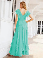 Ruffled Bridesmaid Dresses with Sleeves Long Formal Party Dress 28041