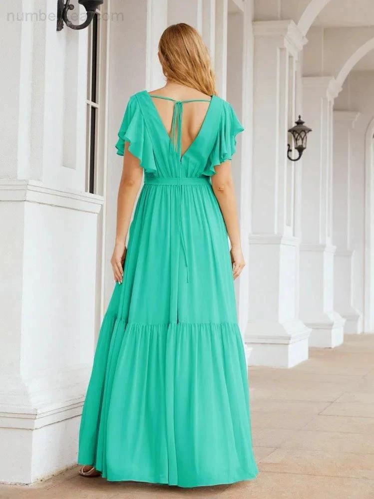 Numbersea Women's Open Back Formal Evening Party Prom Gowns V-Neck Long Chiffon Bridesmaid Dresses with Waist Belt 28038