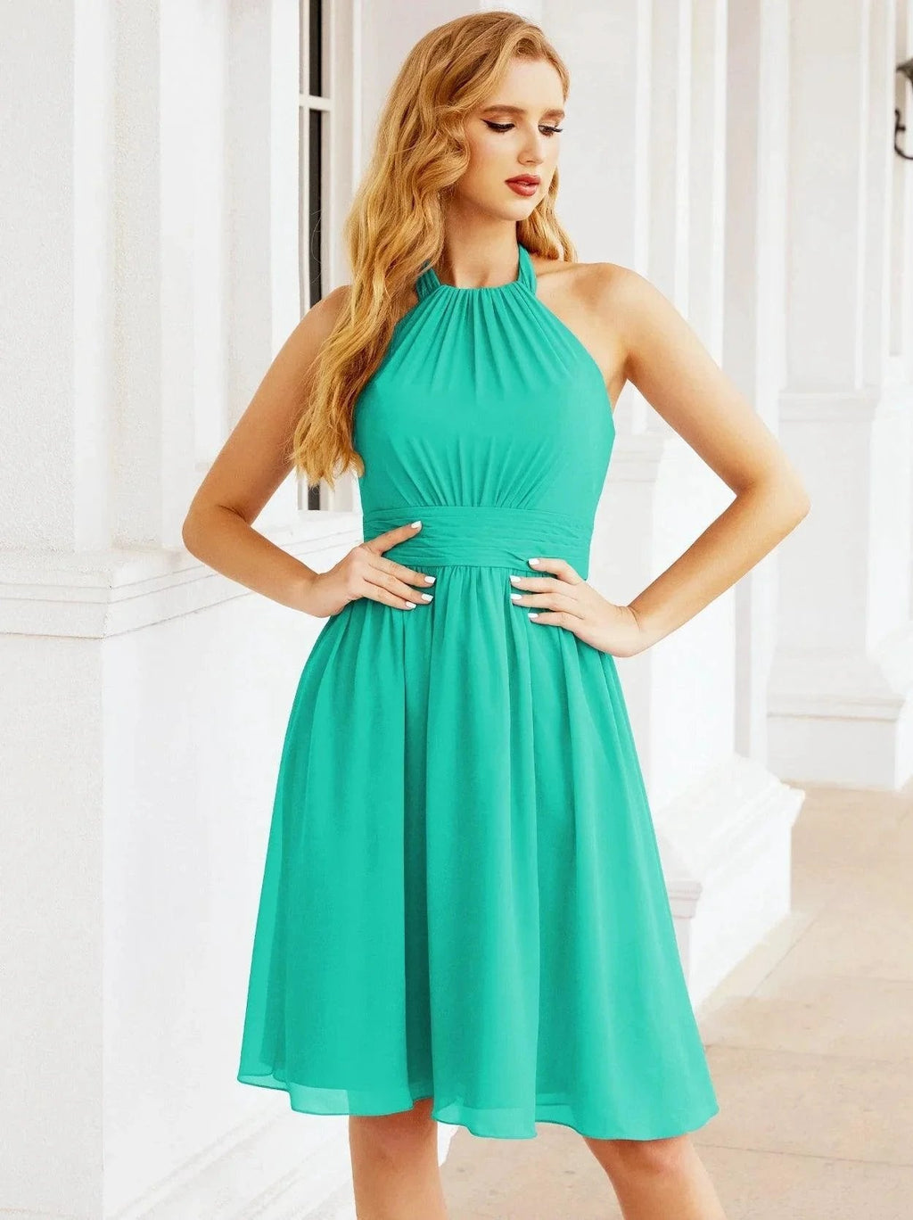 Numbersea Halter Chiffon Bridesmaid Dresses Short Sleeveless Formal Party Dress Open Back 28023