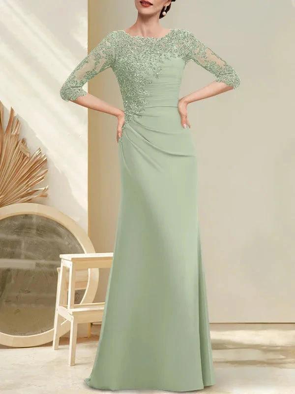 A-line Scoop Floor-Length Chiffon Lace Mother of the Bride Dress With Beading Pleated Sequins