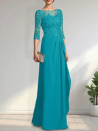A-line Scoop Illusion Floor-Length Chiffon Lace Mother of the Bride Dress With Beading Sequins Cascading Ruffles
