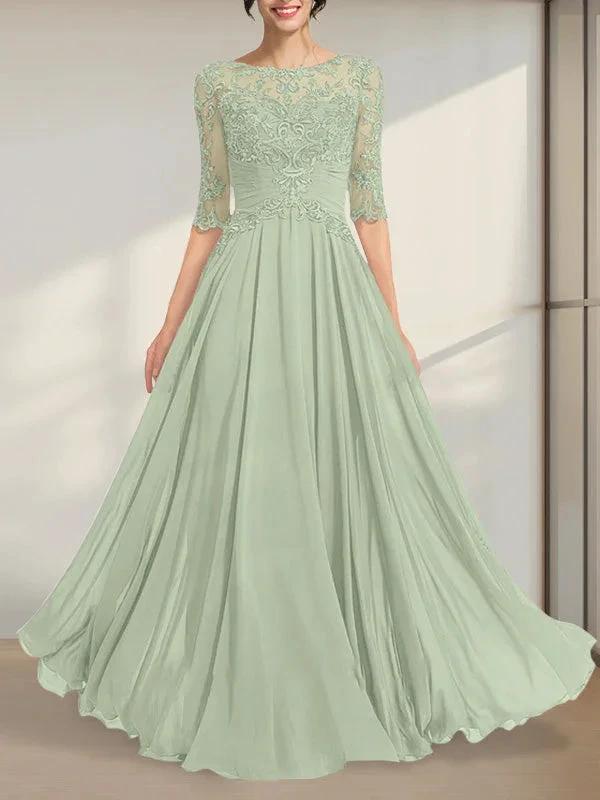 A-line Scoop Illusion Floor-Length Chiffon Lace Mother of the Bride Dress With Pleated Sequins