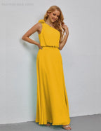 Ruffled One Shoulder Sleeveless Long Bridesmaid Dresses A-line Formal Evening Gown Side Split 28080