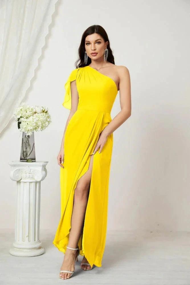 Numbersea  Chiffon Ruffled One Shoulder Long Bridesmaid Dresses A-line Formal Evening Gown Side Split 2809