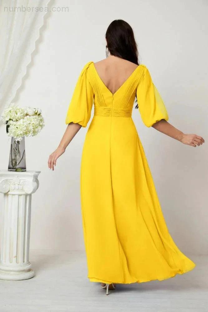Numbersea  Formal Prom Gown Women V-Neck Chiffon Bridesmaid Dresses Long Bishop Sleeve Party Dress 2807
