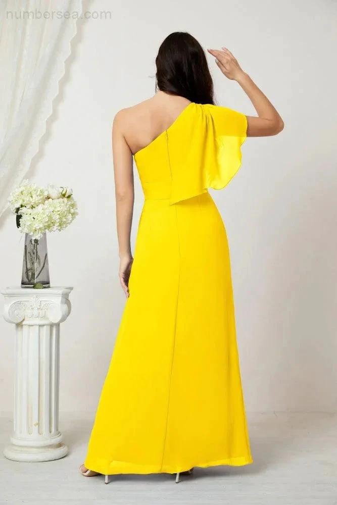 Numbersea  Chiffon Ruffled One Shoulder Long Bridesmaid Dresses A-line Formal Evening Gown Side Split 2809