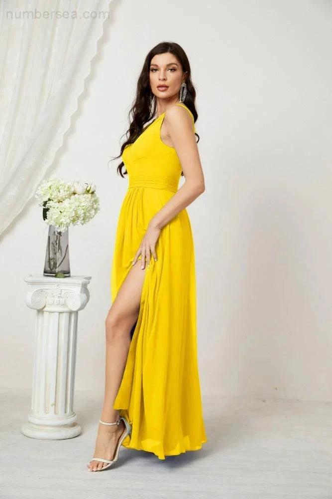 Numbersea Chiffon V-Neck Bridesmaid Dress Spaghetti Strap Long Formal Party Prom Gowns with Slit 28010
