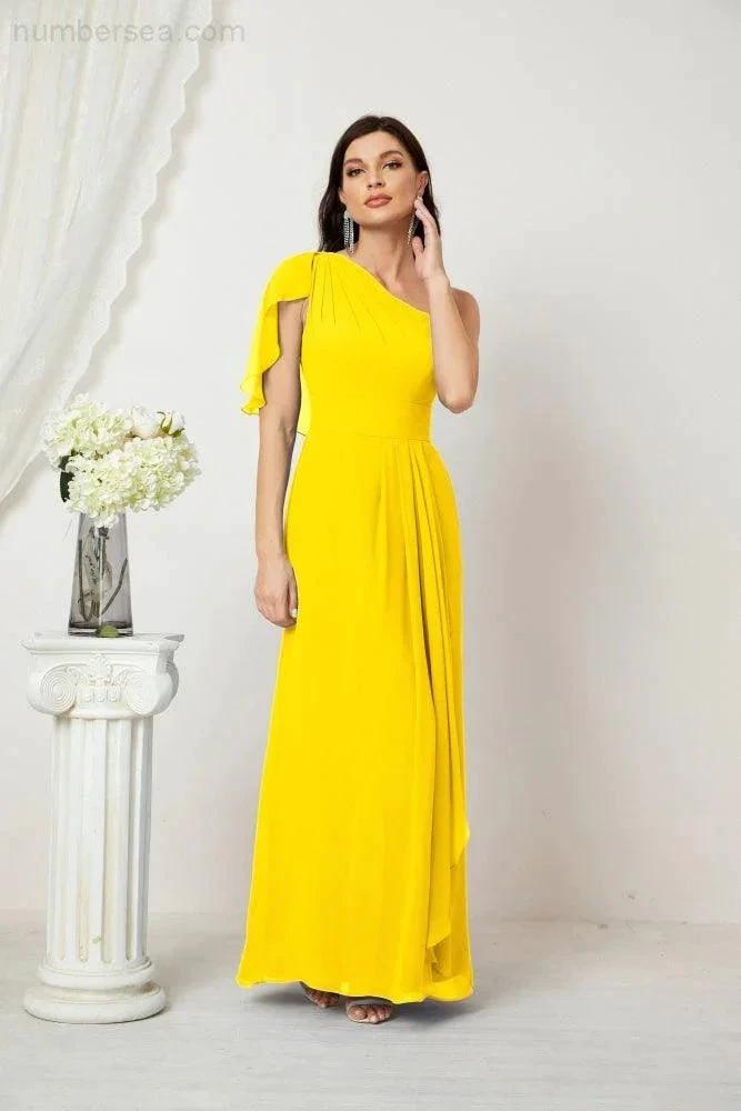 Numbersea  Chiffon Ruffled One Shoulder Long Bridesmaid Dresses A-line Formal Evening Gown Side Split 2809