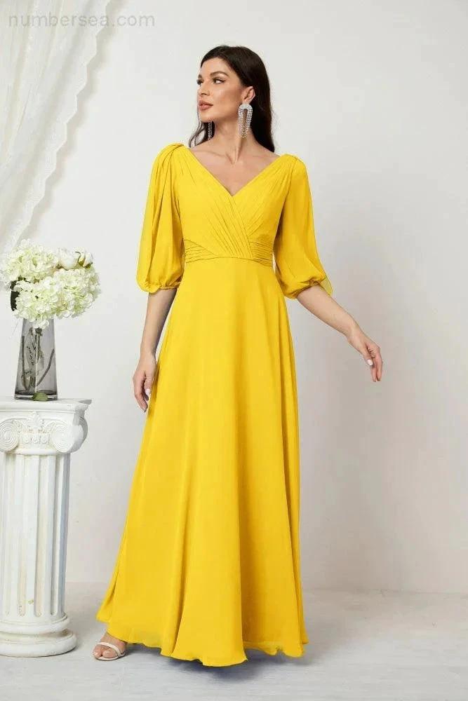 Numbersea  Formal Prom Gown Women V-Neck Chiffon Bridesmaid Dresses Long Bishop Sleeve Party Dress 2807