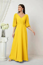 Numbersea  Formal Prom Gown Women V-Neck Chiffon Bridesmaid Dresses Long Bishop Sleeve Party Dress 2807