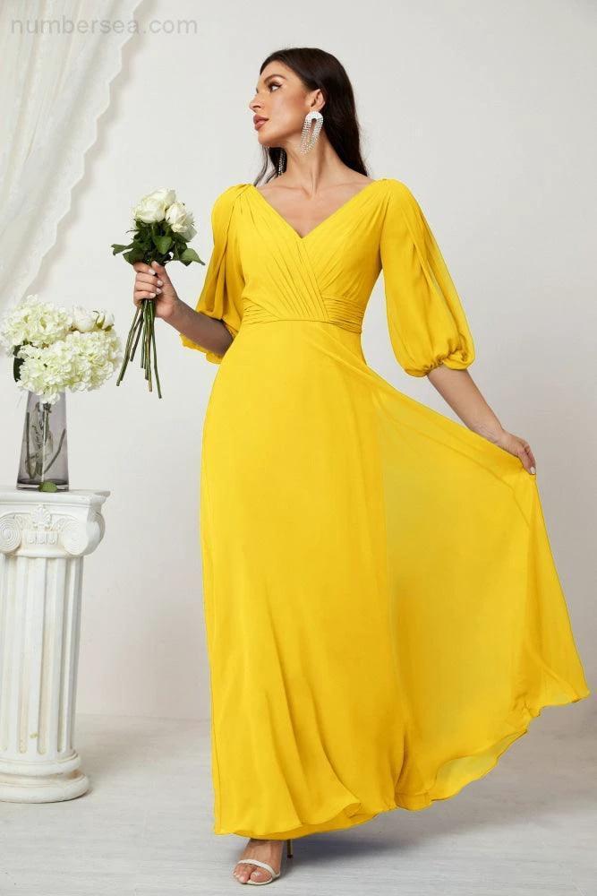 Numbersea  Formal Prom Gown Women V-Neck Chiffon Bridesmaid Dresses Long Bishop Sleeve Party Dress 2807