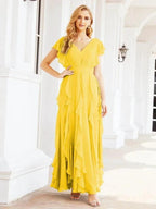 Ruffled Bridesmaid Dresses with Sleeves Long Formal Party Dress 28041