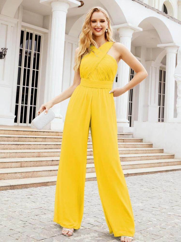 Numbersea Crisscross Neck Jumpsuit Formal Evening Dress Long Bridesmaid Dresses Bell-bottomed Pants 28033