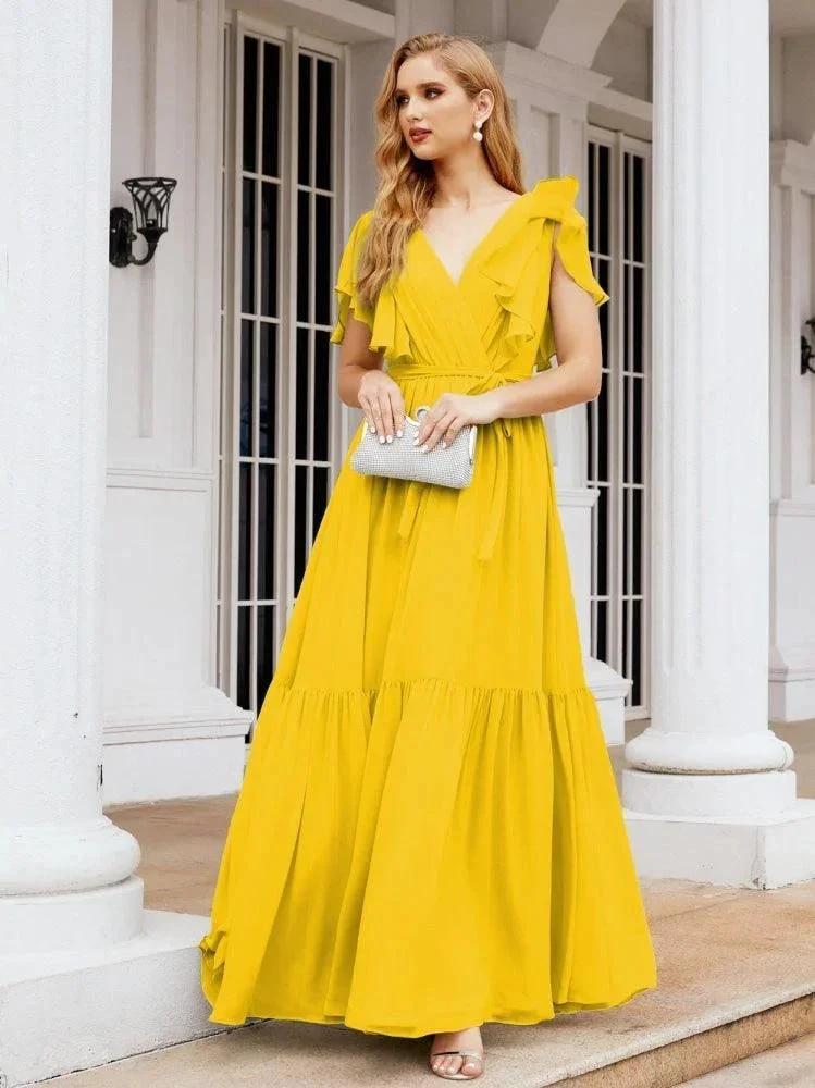Numbersea Women's Open Back Formal Evening Party Prom Gowns V-Neck Long Chiffon Bridesmaid Dresses with Waist Belt 28038