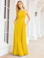 Numbersea Halter Bridesmaid Dresses with Pockets Sleeveless Formal Evening Party Prom Gowns  28055