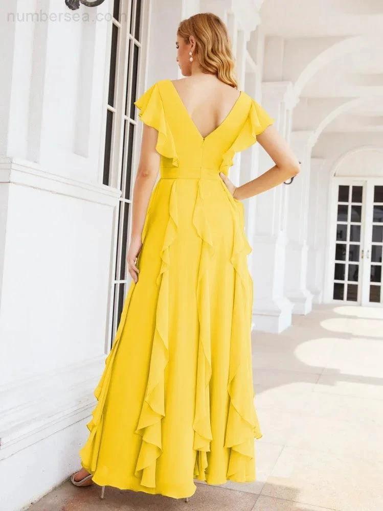 Ruffled Bridesmaid Dresses with Sleeves Long Formal Party Dress 28041