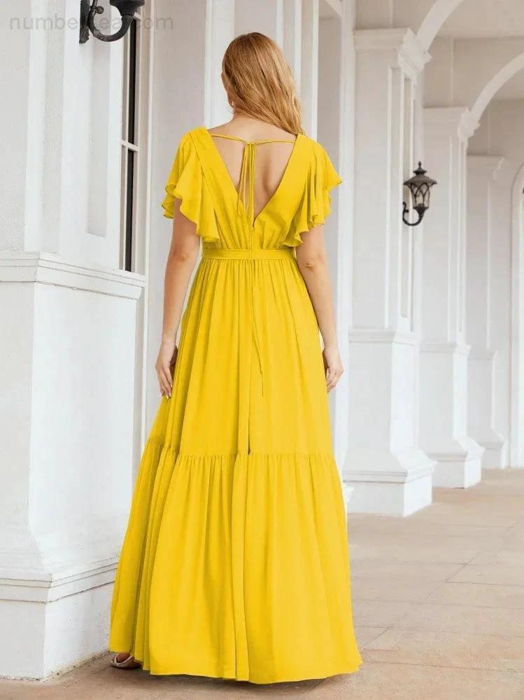 Numbersea Women's Open Back Formal Evening Party Prom Gowns V-Neck Long Chiffon Bridesmaid Dresses with Waist Belt 28038