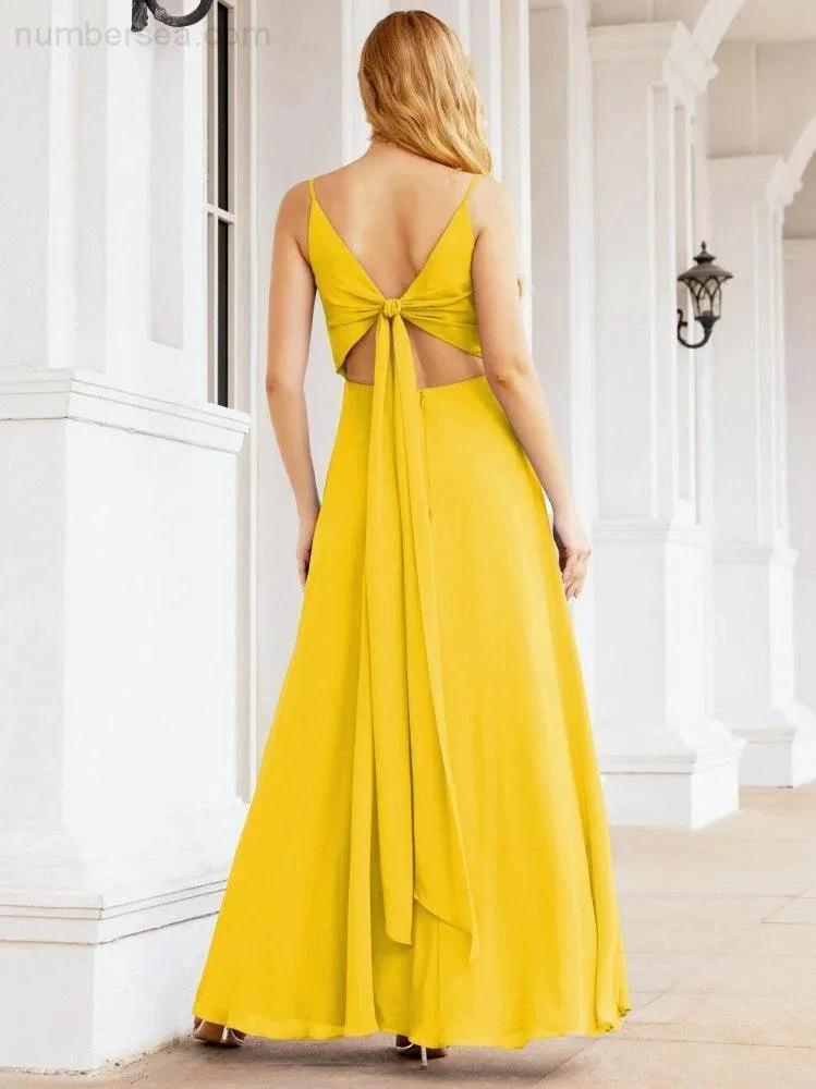 Numbersea Spaghetti Strap Bridesmaid Dresses V Neck Butterfly Back Fromal Evening Party Prom Gown 28036