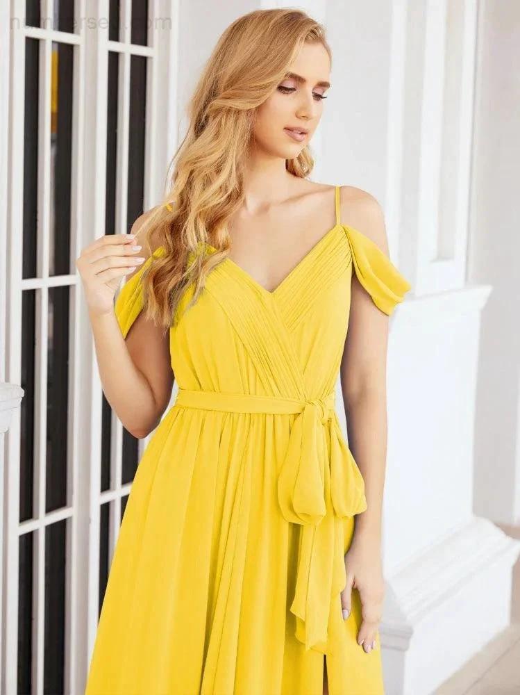 Numbersea Off The Shoulder Chiffon Bridesmaid Dress Long Formal Graduation Gown with Cowl Back 28069