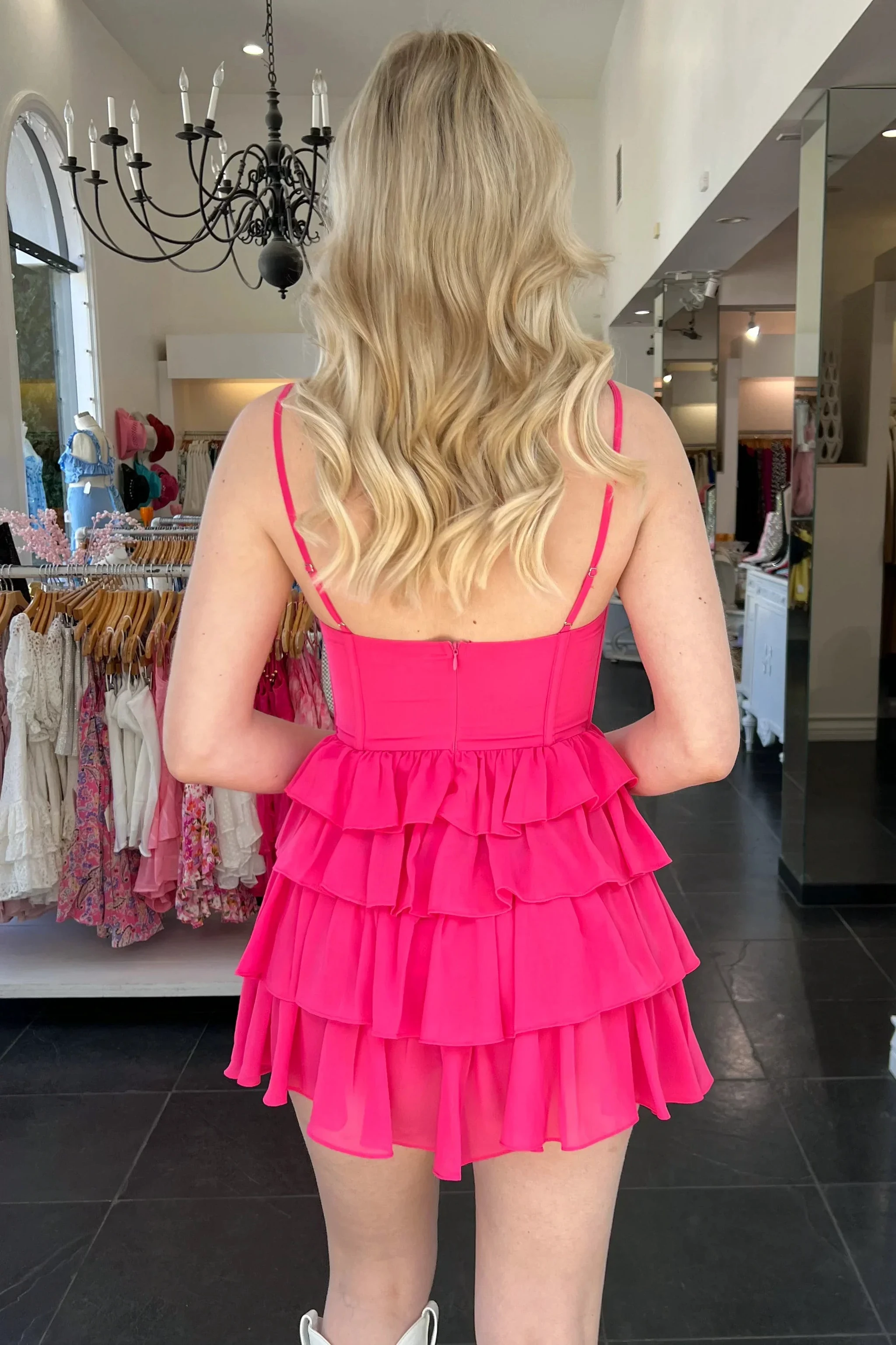 A-line Spaghetti Straps Homecoming Dress Lovely Hot Pink Party Dress Y2287