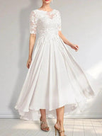 A-line Scoop Illusion Asymmetrical Chiffon Lace Mother of the Bride Dress With Sequins