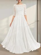 A-line Scoop Illusion Floor-Length Chiffon Lace Mother of the Bride Dress With Pleated Sequins