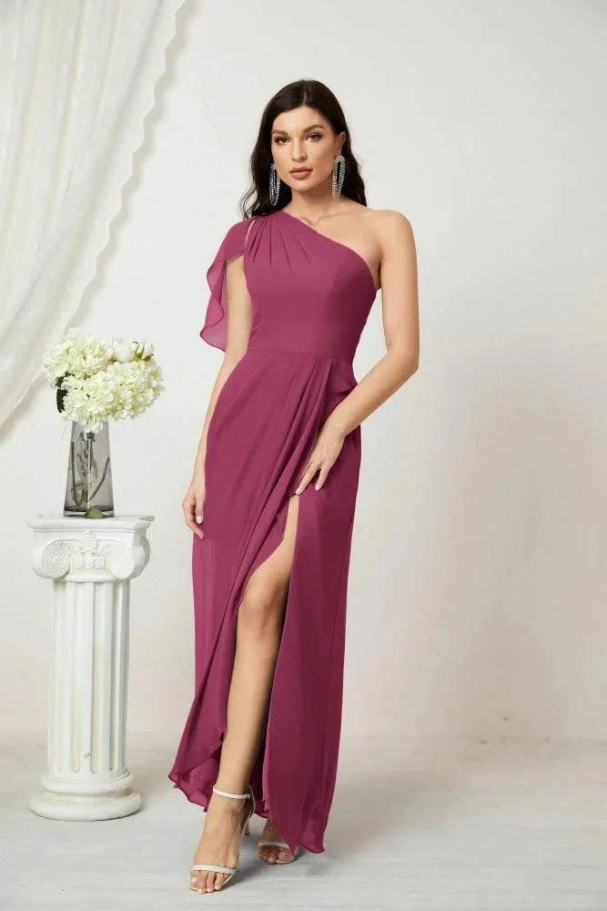 Numbersea  Chiffon Ruffled One Shoulder Long Bridesmaid Dresses A-line Formal Evening Gown Side Split 2809