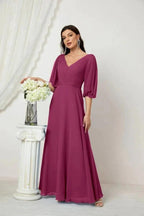 Numbersea  Formal Prom Gown Women V-Neck Chiffon Bridesmaid Dresses Long Bishop Sleeve Party Dress 2807