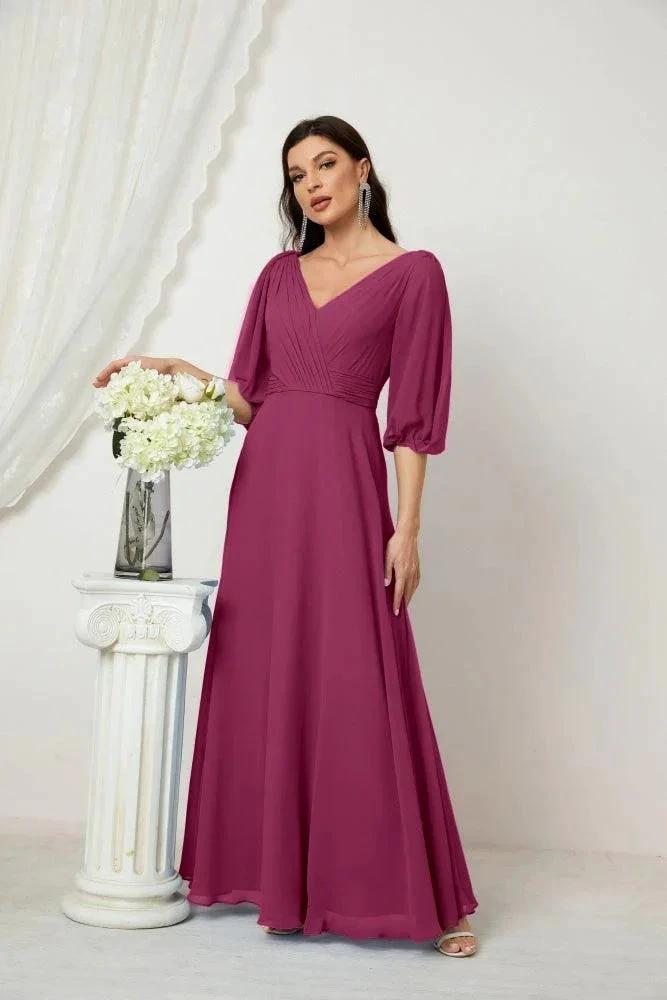 Numbersea  Formal Prom Gown Women V-Neck Chiffon Bridesmaid Dresses Long Bishop Sleeve Party Dress 2807