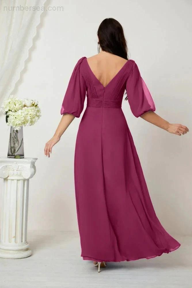 Numbersea  Formal Prom Gown Women V-Neck Chiffon Bridesmaid Dresses Long Bishop Sleeve Party Dress 2807