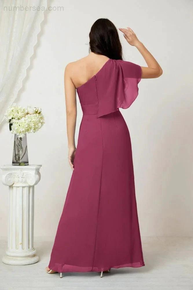 Numbersea  Chiffon Ruffled One Shoulder Long Bridesmaid Dresses A-line Formal Evening Gown Side Split 2809